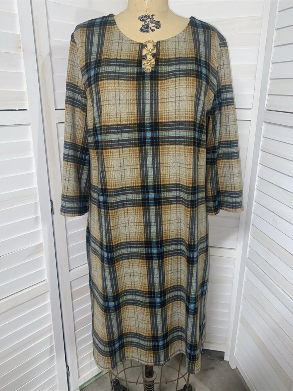 Tacera Autumn Flannel Plaid Multicolored Geometrical Print Sheathe Dress Large